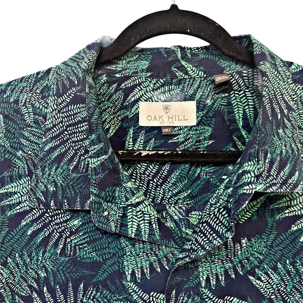 Oak Hill Button Down Collared Dress Shirt Fern Print Sport Top Green Navy 3XL - Picture 4 of 7